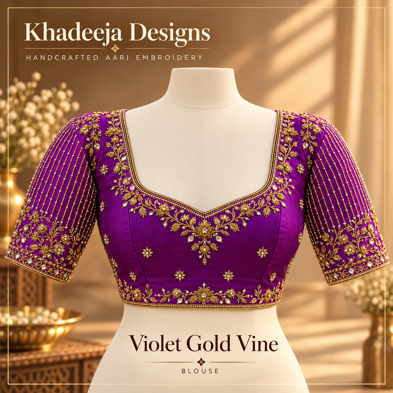 violet with antique-gold floral vines and stone accents Aari embroidered blouse design